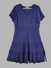 LOFT Women's Godet Blue Ruffle Dress Sz M Elastic Waist Flutter Sleeves Pre-Own