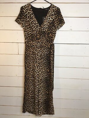 NWT PrettyLittleThing Jumpsuit Tan Leopard Print Twist Wide Leg Us 4