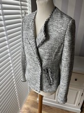 Lk Bennett Boucle Tweed Frayed Woven Cream Ivory Black Lola Short Jacket Uk 12