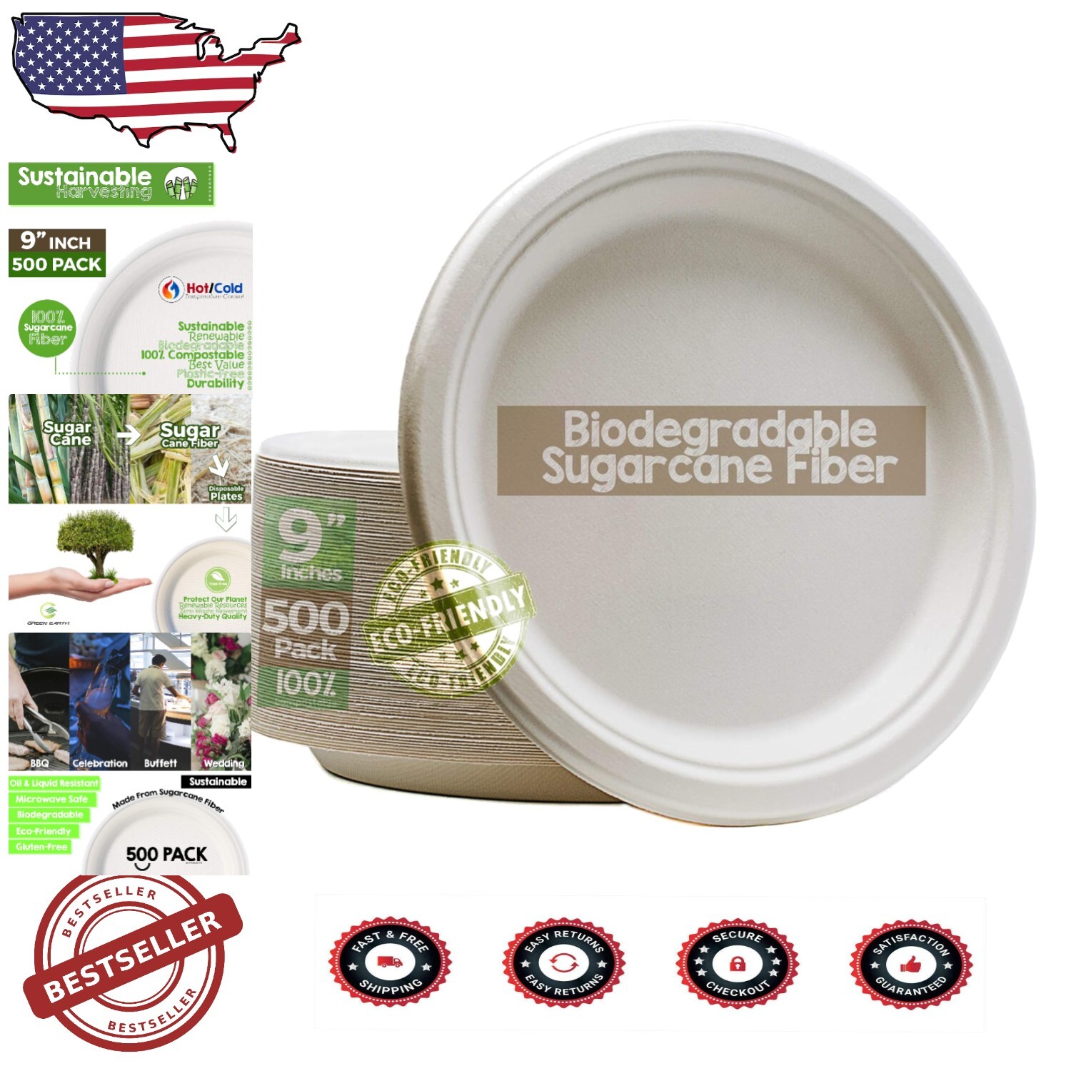 Disposable 9 Inch Compostable Plates – Ideal for Weddings and Events (500-Pack)