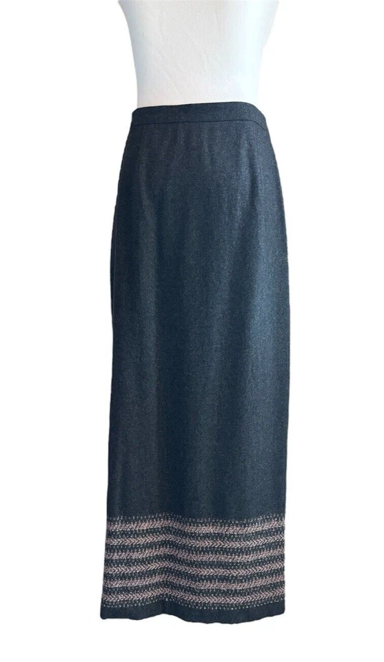 Petite Sophisticate 8P Wool Gray Pink Border Accent Wrap Lined Midi Pencil Skirt - Image 3 of 4