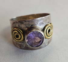 Designer Sterling Silver/Brass Hammered Amethyst Band Ring Sz 9 025WEB 
