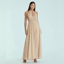 Mac Duggal Beige Gold Chain Trim Keyhole Halter Neck A Line Gown Size 2 $398