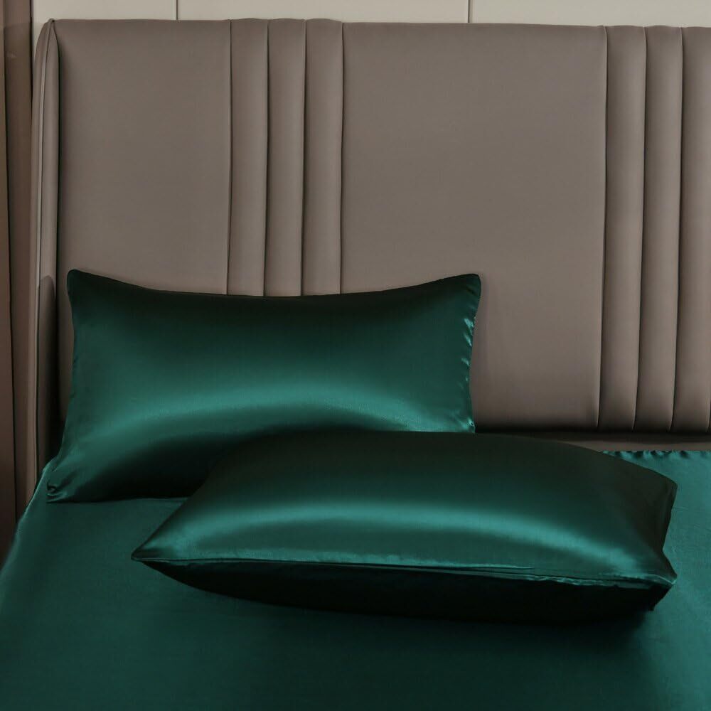 Green Satin Pillowcase Green Silk Pillowcase Set of 2 Pack Dark Green Soft Pi...-image