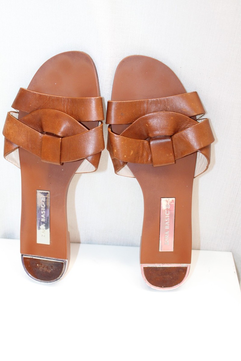 Zara Leather Flat Sandals Crossed Strap Front in Brown, Women's