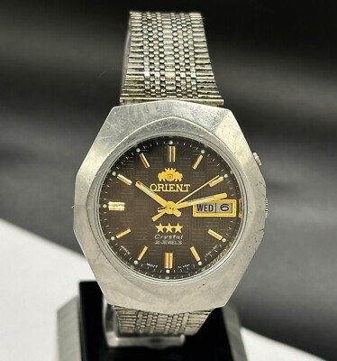 Orient 3 stars stainless steel automatic wristwatch day/date Japan Cal.46943
