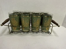Jeanette Glass Co Laurel & Lyre 8 Piece Glass Set with Holder Vtg Green & Gold