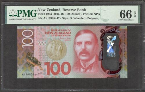 New Zealand 100 Dollars Rutherford P-195a 2015-16 PMG 66 EPQ GEM UNC - Afbeelding 1 van 2