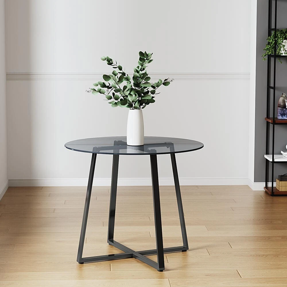 Black Translucent Glass Side Table Round Metal Dining Table Kicthen Living Room