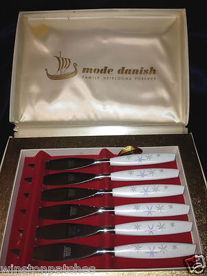 REGENT SHEFFIELD MODE DANISH ATOMIC AGE STARBURST 6 STEAK KNIVES IN BOX