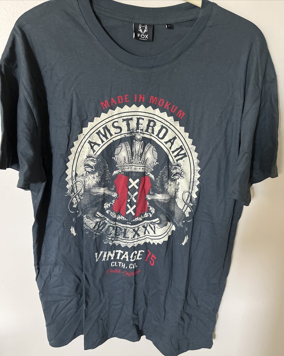 Amsterdam Holland Vintage 75 Rock T-shirt Color GRAY/BLUE Adult Size  Large
