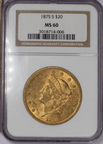 1875-S Gold Liberty Head Type 2 $20 NGC MS60. Uncirculated.