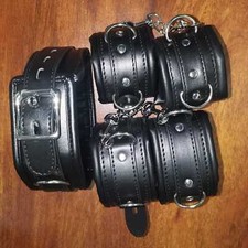 PU Leather Wrist, Ankle, Thigh Cuffs ,Collar Restraint Bondage Set 5 Piece Slave