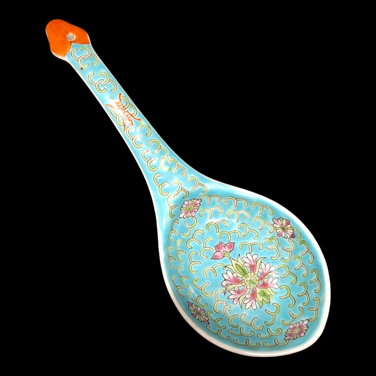 Vintage Chinese Turquoise Famille Rose Large Serving Spoon  display picture 1