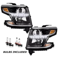 Black Headlights For 2015-2020 Chevy Tahoe Suburban Chrome Lamps LH+RH, LED DRL