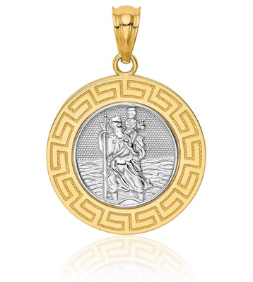 14K Solid Yellow Gold Medium Saint Christopher Medal Pendant Necklace 23mm 7/8