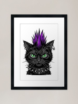 Deathhawk: Purple Mohawk Punk Cat F gerahmtes Wandbild Poster Leinwanddruck Bild