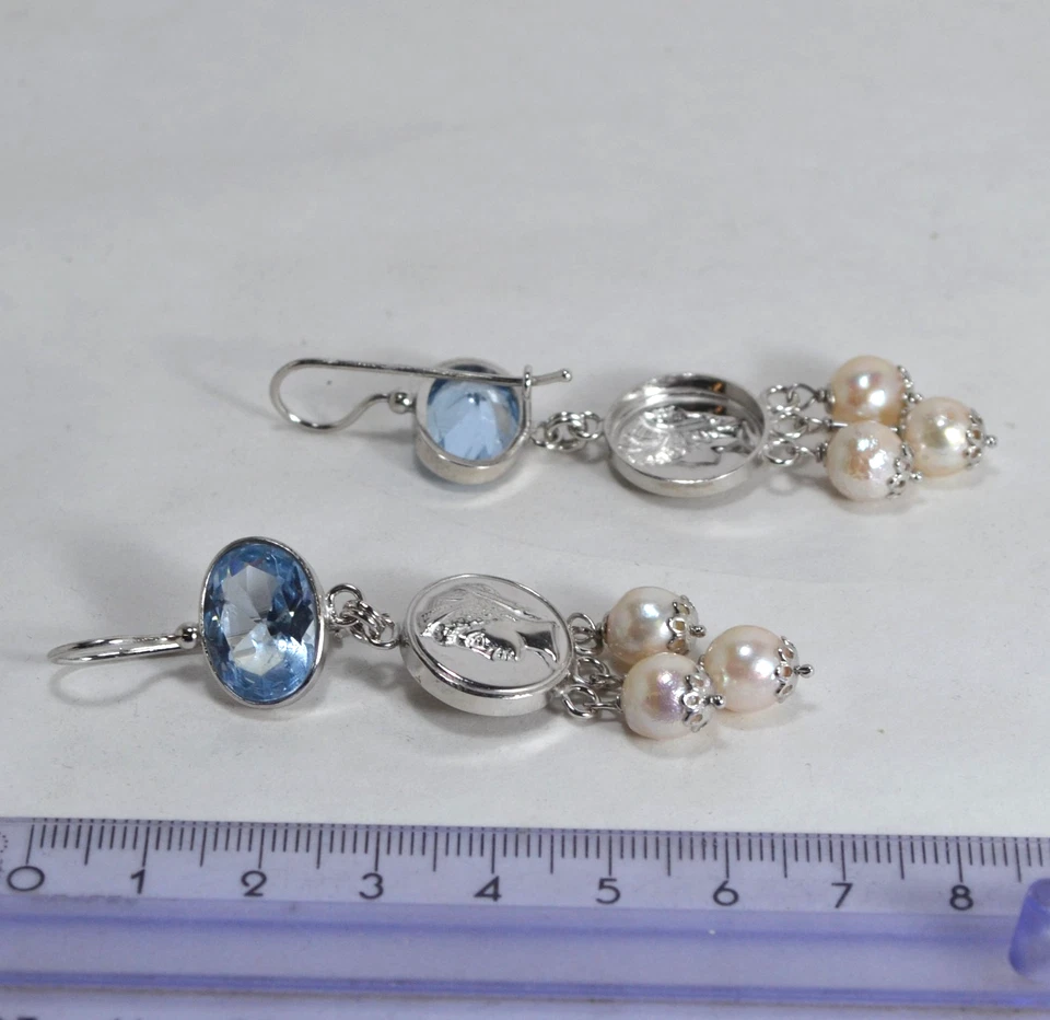 ORECCHINI ARGENTO 925 QUARZO  AZZURRO  PERLE AKOYA BAROCCHE  8 mm   AGHT 020 - Immagine 3 di 3