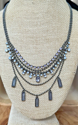 AEO Statement Necklace Gun Metal Tone Crystal Rhinestone tiered multi-strand 17 