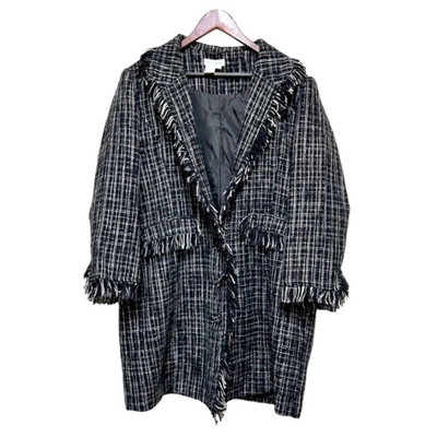 Ulla Popken Black White Tweed Long-Line Wool Blend Coat with Fringe Trim 14/16