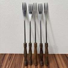 5 Set Edelstahl Rostfrei Fondue Forks Germany Stainless steel 3-prong wood 10.5”