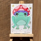 ACEO Original Frog and Mushroom  Hat 3, 2.5 x 3.5 inch red pink orange bugs — photo 2