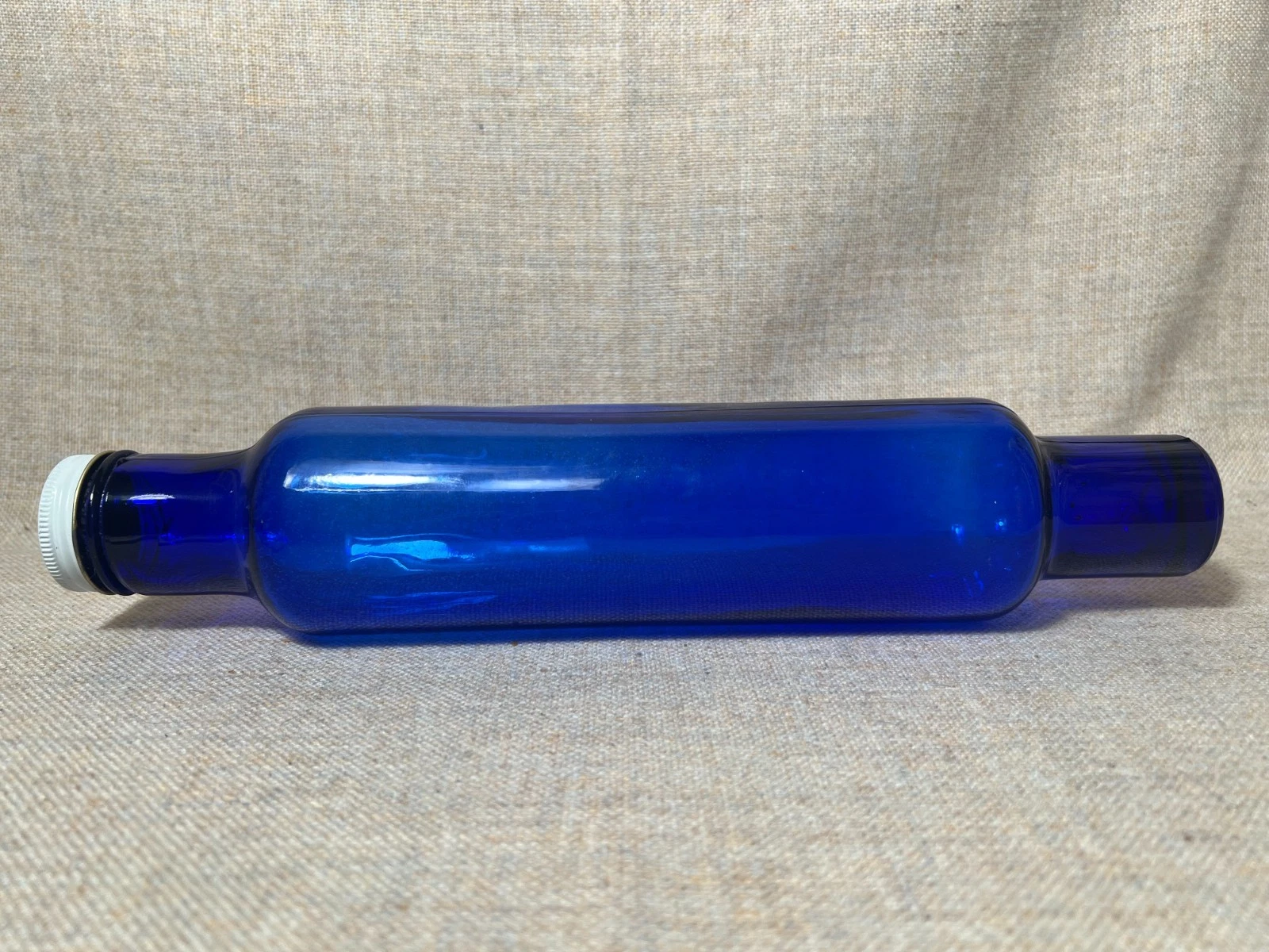 VTG Cobalt Blue Glass Hollow Kitchen Rolling Pin with Metal Cap 13.5 Inch long