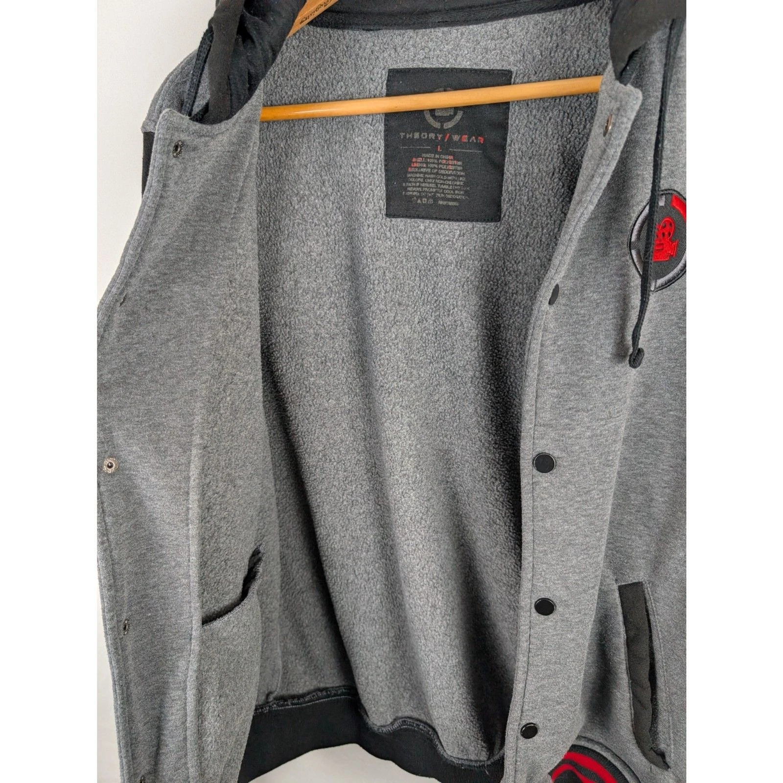 Game Theory Theory Wear Mens L Grey Black Snap Button Varsity Hoodie Sweatshirt image 4