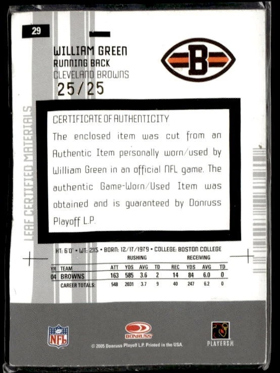L41,628 - 2005 Leaf Certified Materials Mirror Gold Jersey #29 William Green /25 - Image 2 of 2