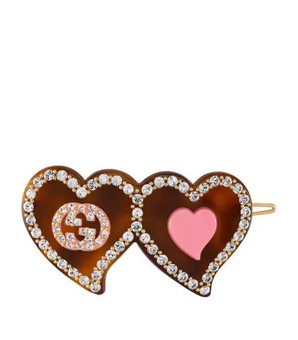 NEW GUCCI Interlocking G Hearts Hair Clip $500 Brown Crystal | eBay