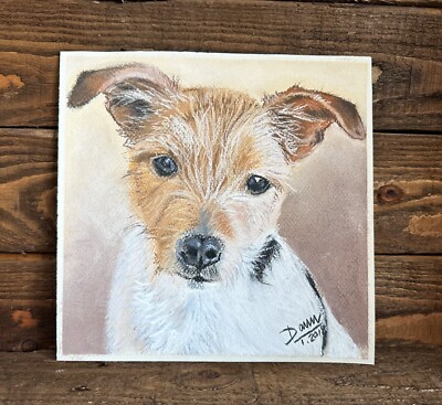 Original Kunst Jack Russell Hundeportrait Kreide Pastell signiert Dawn 2018 8'' 20cm