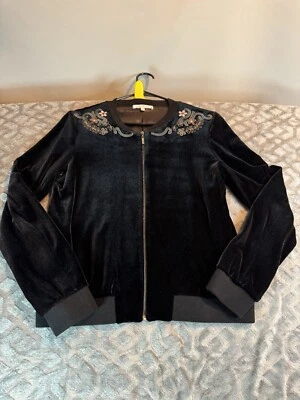 Willow & Clay Women’s Black Velvet Full Zip Sweater Embroidered Flowers Sz M - Image 1 of 4