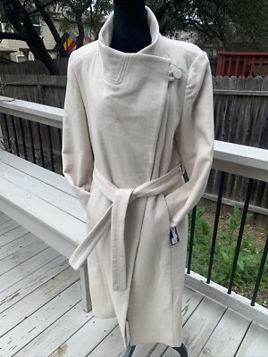 Kenneth Cole Women's Chic Light Beige Wool Blend Belted Coat Sz 12 w/ Tag 