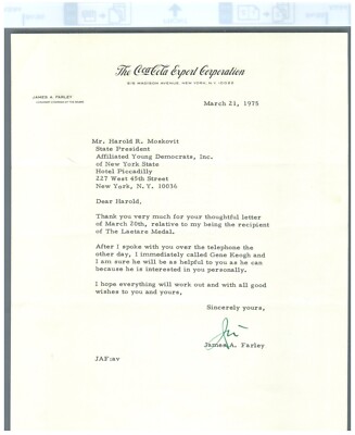 JAMES A. FARLEY Signed Typed Letter March 21, 1975 COCA-COLA Chairman of Board