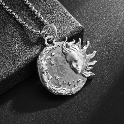 Sun Moon Medallion Necklace Jewelry Silvery Couple Love Pendant - Picture 2 of 6
