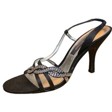 Nina Black Satin Strappy Peep Toe Slingback Heels w/ Rhinestones Size 6.5M Heels