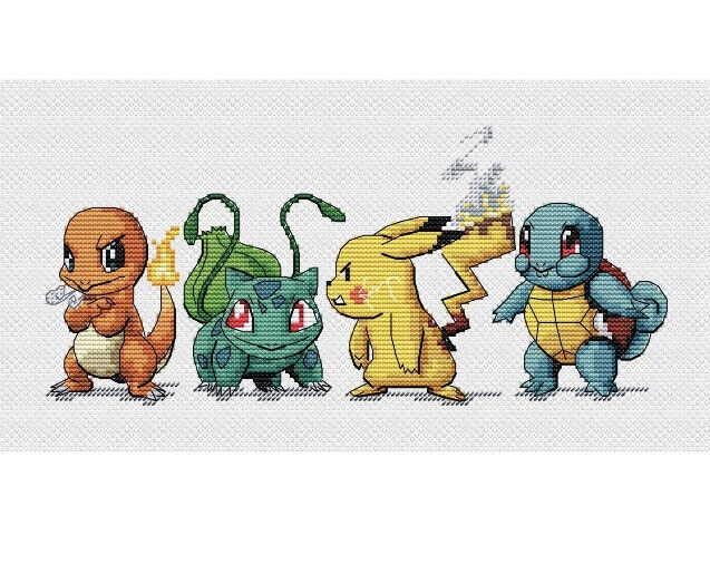 Pokemon Cross Stitch Kit - Pikachu, Bulbasaur, Charmander &