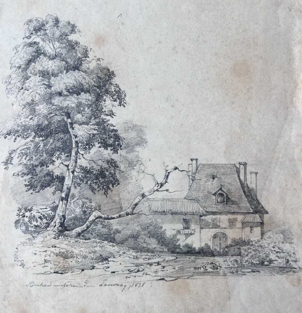 Antique Pencil Drawing 19th century Original Landscape Château de