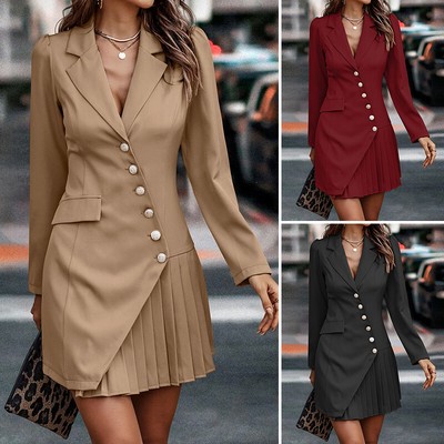 Womens Long Sleeve Lapel V Neck Blazer Dress OL Work Pleated Mini Dresses | eBay Womens Long Sleeve Lapel V Neck Blazer Dress OL Work Pleated Mini Dresses | eBay