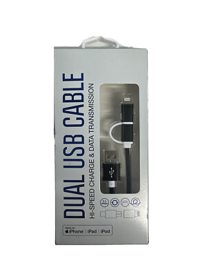 Dual USB Cable Hi Speed Charge Data Transmission Black NEW box $12.99 Sleek Des