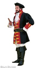 Pirate Captain Costume 8Pc Blk/Rd Coat Shirt Pant Belt Sash Boot Tops  Hat LG