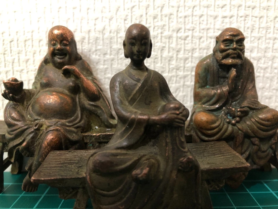 Juego de 3 estatua de Buda Daruma Hotei artesanía moderna adorno arte cobre de Japón Foto 2 de 4