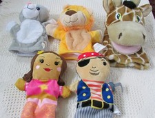 Lot of 5 Hand Puppets Plush PIRATE PRINCESS CAT/KITTEN GIRAFFE LION 9-10 Inches