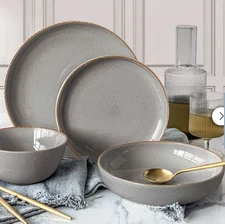 over&back, 16 Pc  "Options" Dinnerware Stoneware Bowl & Plate Set (Choose Color)