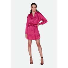 GUESS NWT Hope Dress Shocking Pink Satin Logo Print Belted Ruffle Shirt Dress M