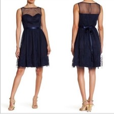 Eliza J Navy Blue Illusion Mesh Tulle Floral Ribbon Fit Flare Cocktail Dress M
