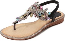 Women Rhinestone Sandals T-Strap Buckle Bohemian Pearl Crysta Flat Sandals 8.5US