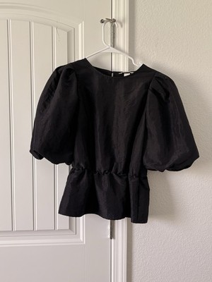 H&M Black Puff Sleeve Button Back Lightweight Woven Blouse Round Neck Size S