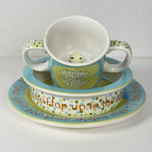 Kate Williams Global Design Frog Cup w/Handles, Bowl and Plate - Green Polka Dot