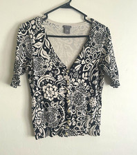 Ann Taylor Black White Floral Knit Round Neck Short Sleeve Pullover Sweater XS
